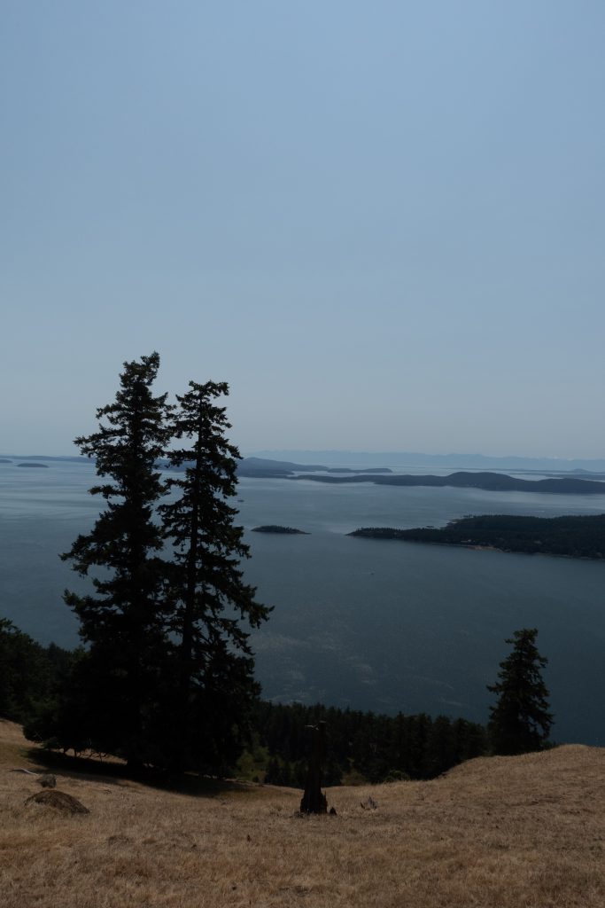 An image of a lookout of the Gulf Islands in British Columbia. The sky is clear and islands can be seen in the distance.