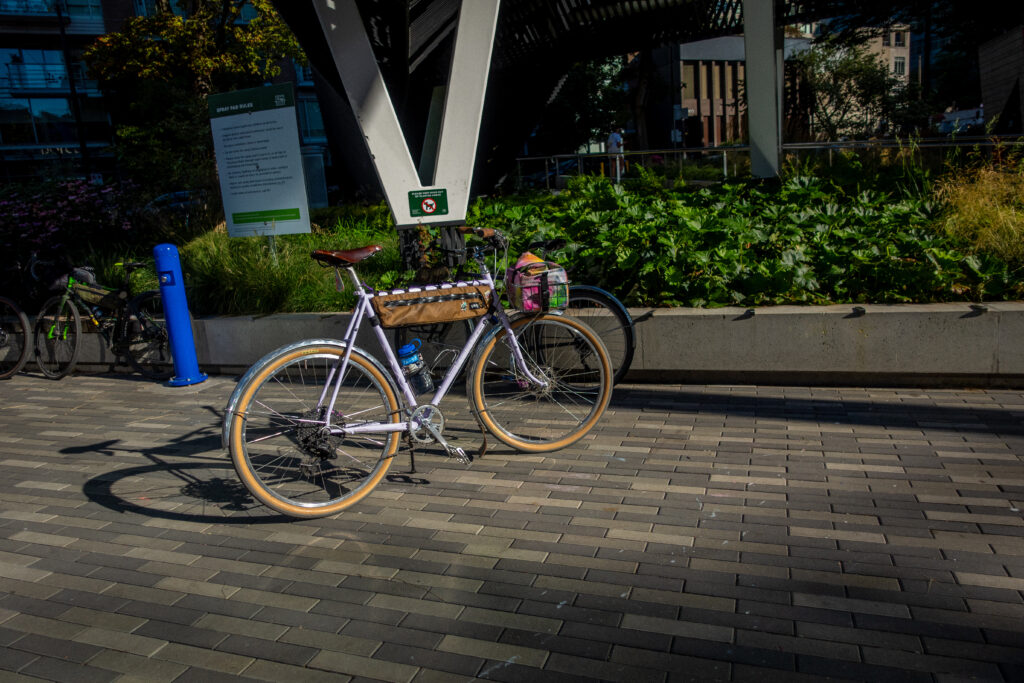 A Velo Orange Polyvalent bicycle sits on a kickstand in a park.